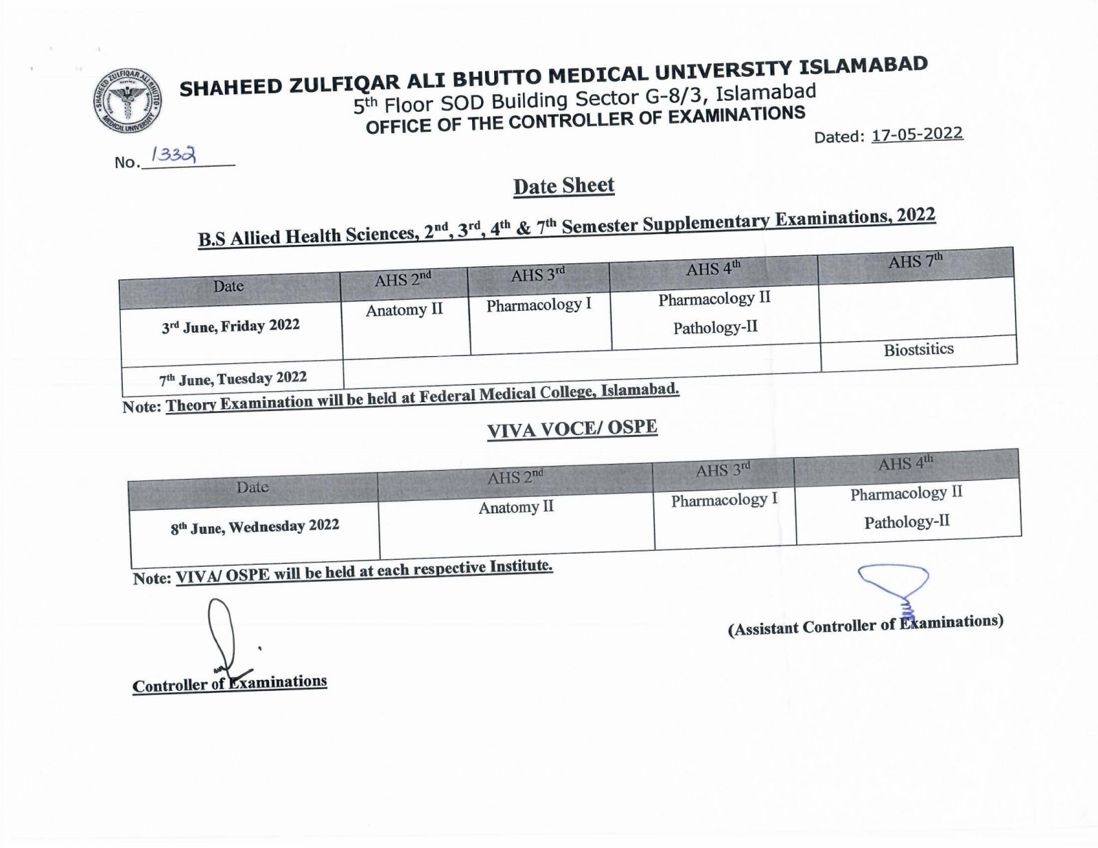 SZABMU Issue BS (Allied Health Science) Supplementary Exams Date Sheet 2022