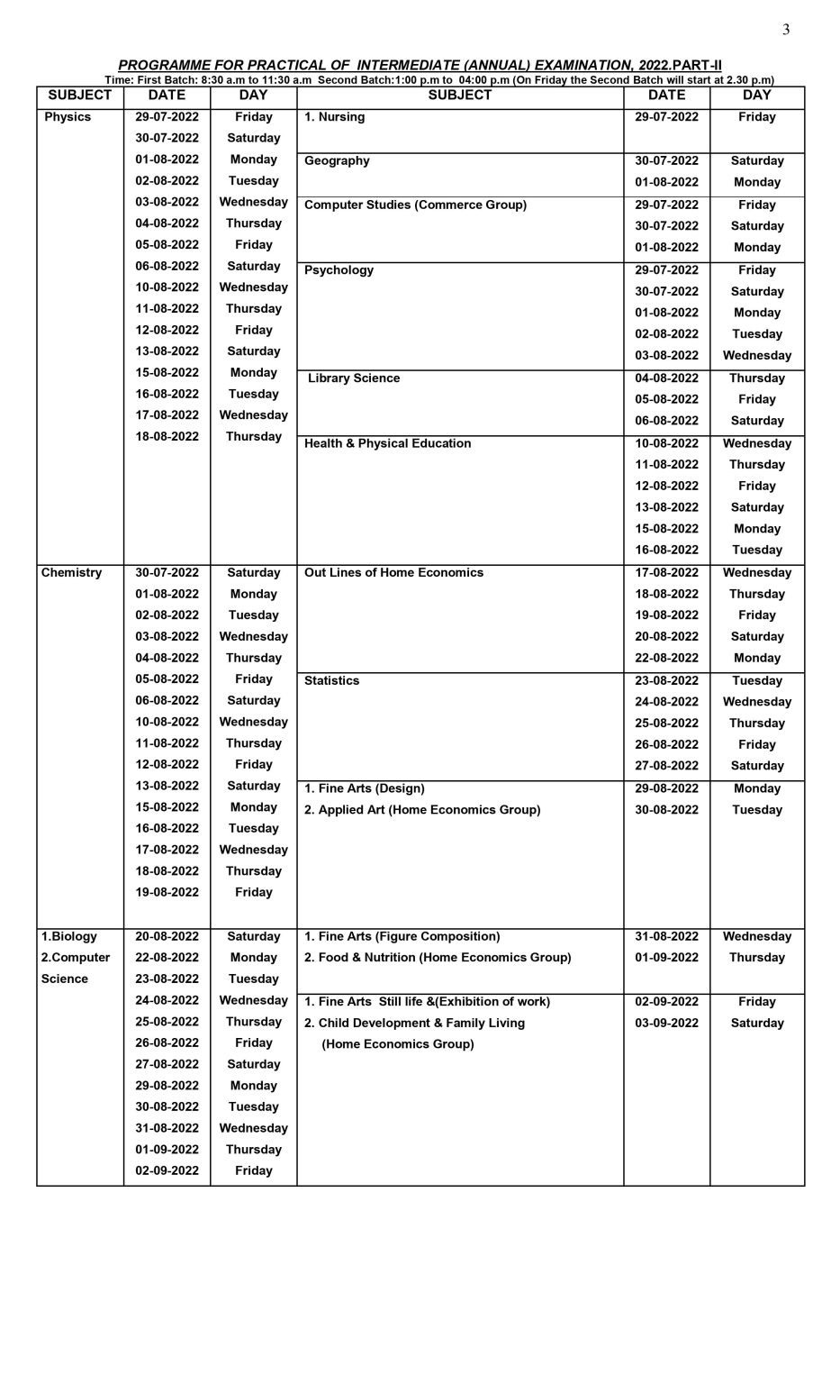 BISE Gujranwala Board HSSC Practical Exams Date sheet 2022