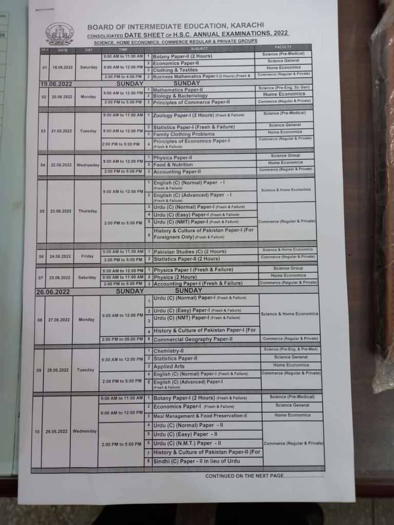 BIEK Karachi Board HSC (Part I & II) Annual Exam Date sheet 2022