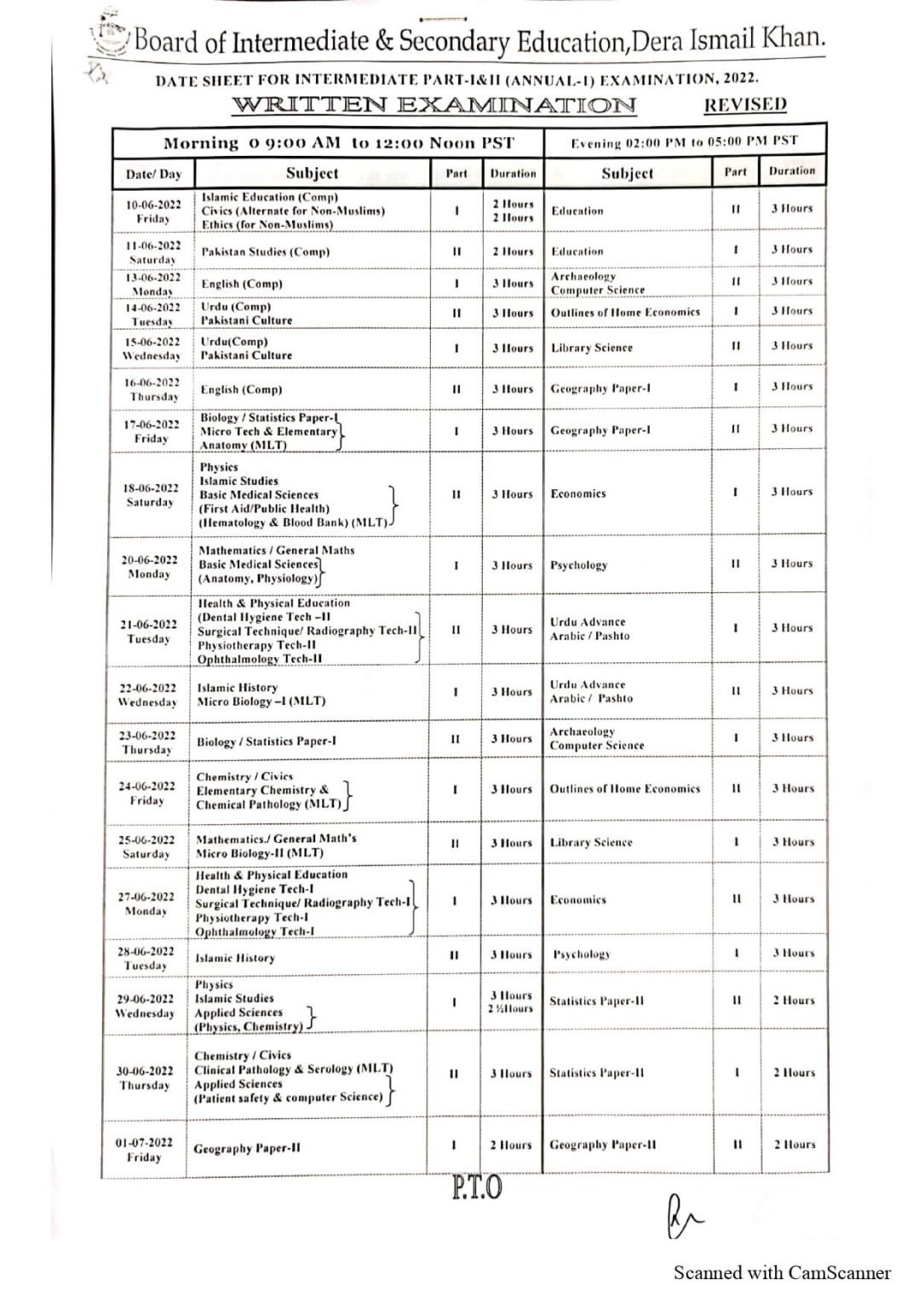 BISE DI Khan HSSC 11th & 12th Class Annual Exams Date Sheet 2022