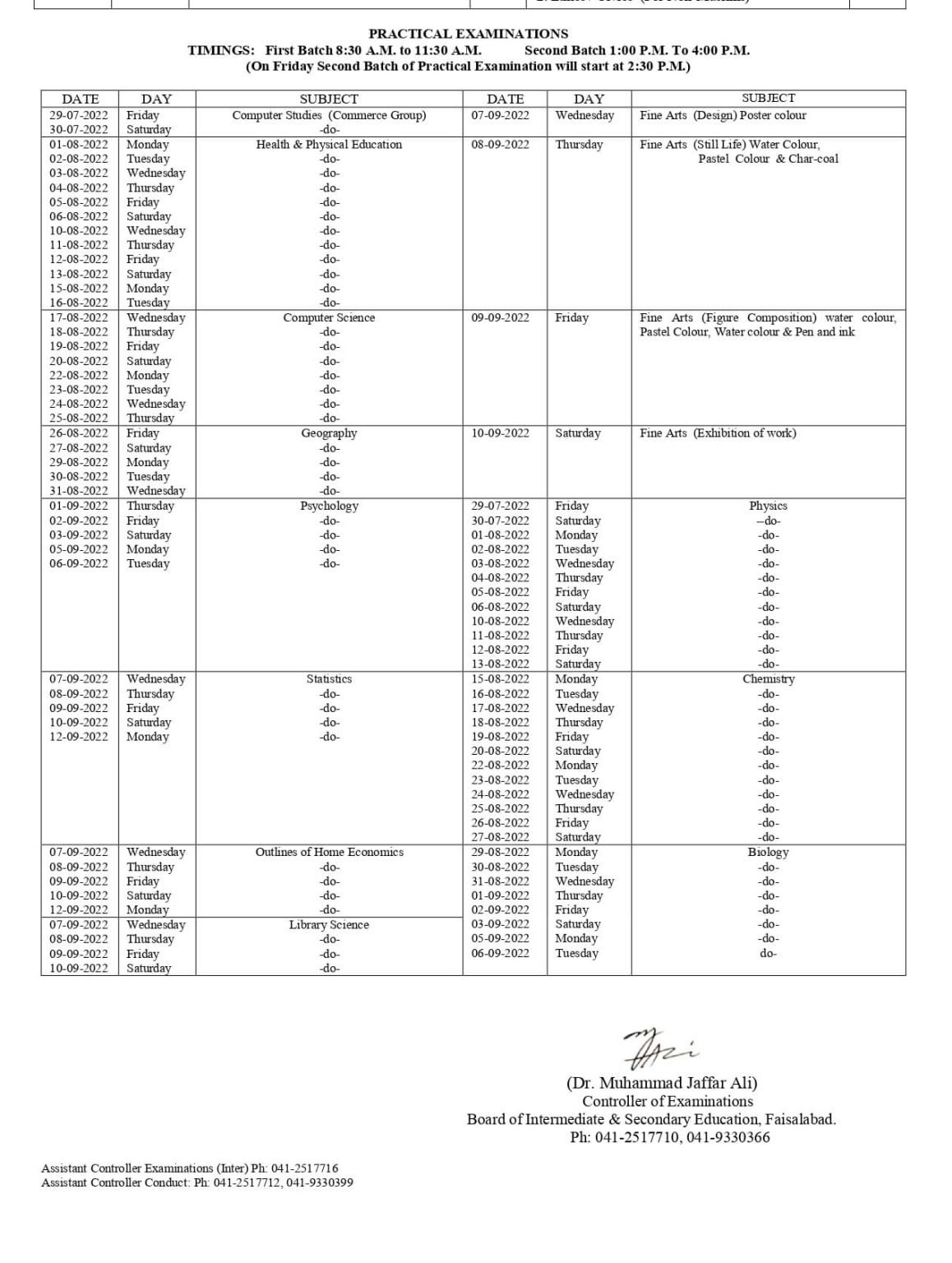 BISE Faisalabad Board HSSC Inter Practical Exams Date Sheet 2022