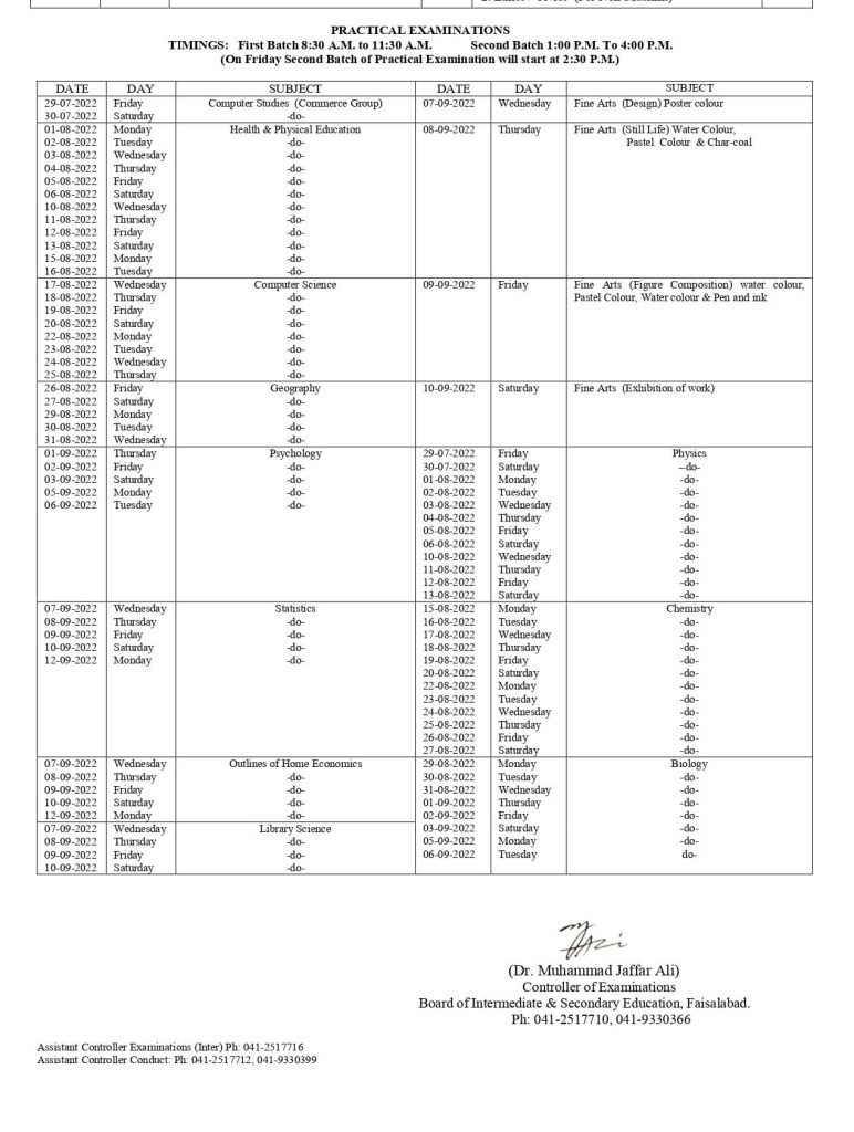 BISE Faisalabad Board HSSC Inter Practical Exams Date Sheet 2022
