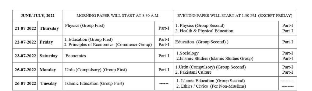 BISE Faisalabad Board Inter FSc 1st Year Date Sheet 2022