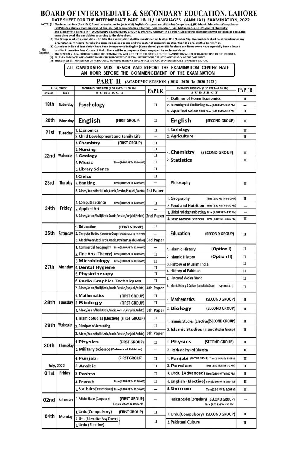BISE Lahore Board Inter FAFSc HSSC 12th Class Date Sheet 2022