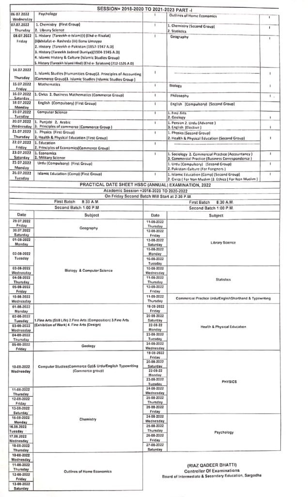 BISE Sargodha Board Inter (Part-II) Annual Exams Date Sheet 2022