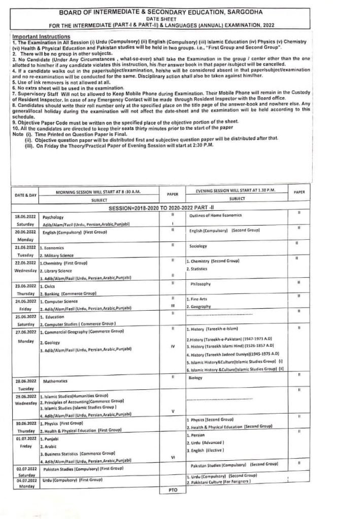 BISE Sargodha Board Inter FA/FSc HSSC 12th Class Date Sheet 2022