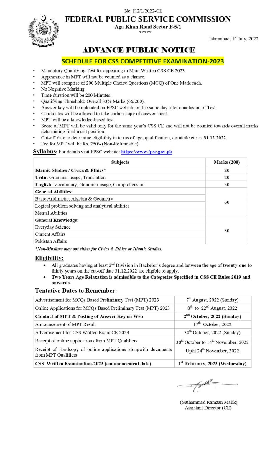 CSS CE 2023 Approved Schedule for MPT and Written Exam by FPSC CSS CE 2023 Approved Schedule for MPT and Written Exam by FPSC