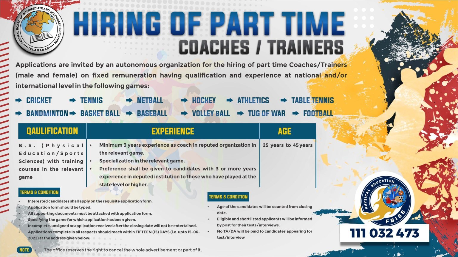 FBISE to Hire Part-Time Coaches and Trainers