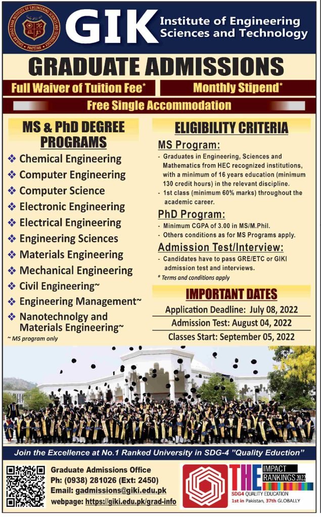 GIK Institute of Engineering Science and Technology Post-Graduate Admissions 2022