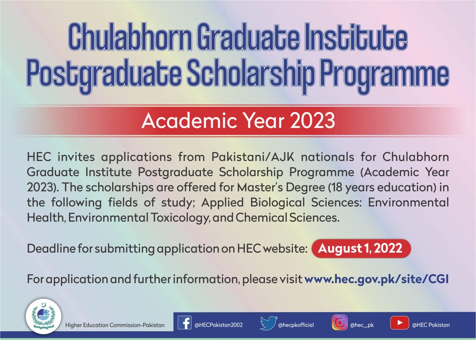 HEC Postgraduate Scholarship 2023 by Chulabhorn Graduate Institute (CGI)