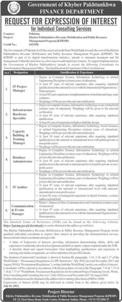 Khyber Pakhtukhwa Finance Department Peshawar Jobs 2022 Khyber Pakhtukhwa Finance Department Peshawar Jobs 2022