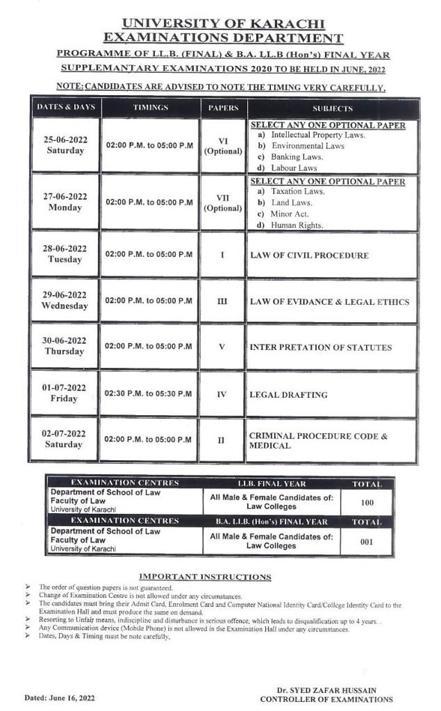 Karachi University LLB Supplementary Examination Date sheet 2022