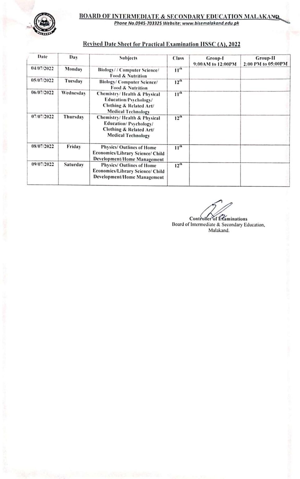 BISE Malakand Board HSSC Revised Practical Examination Date sheet 2022
