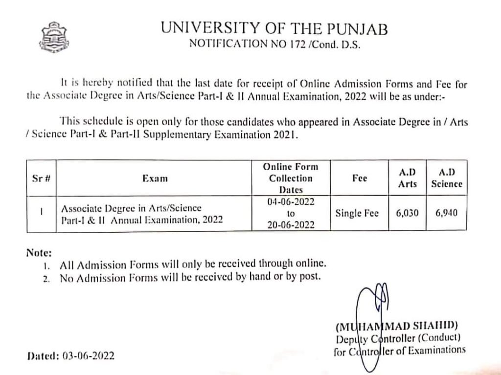 PU Issue BA/BSc/ADP Part (I and II) Examination Schedule 2022
