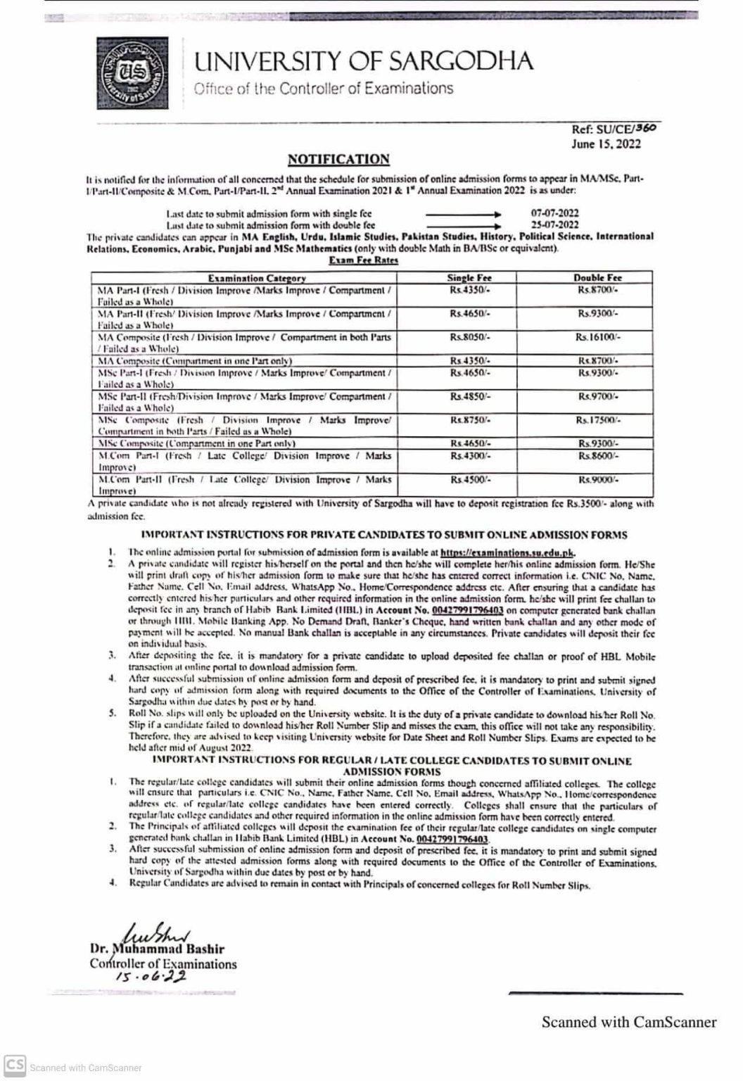 The University of Sargodha MA/MSc/M.Com Part I & II Exam schedule 2022