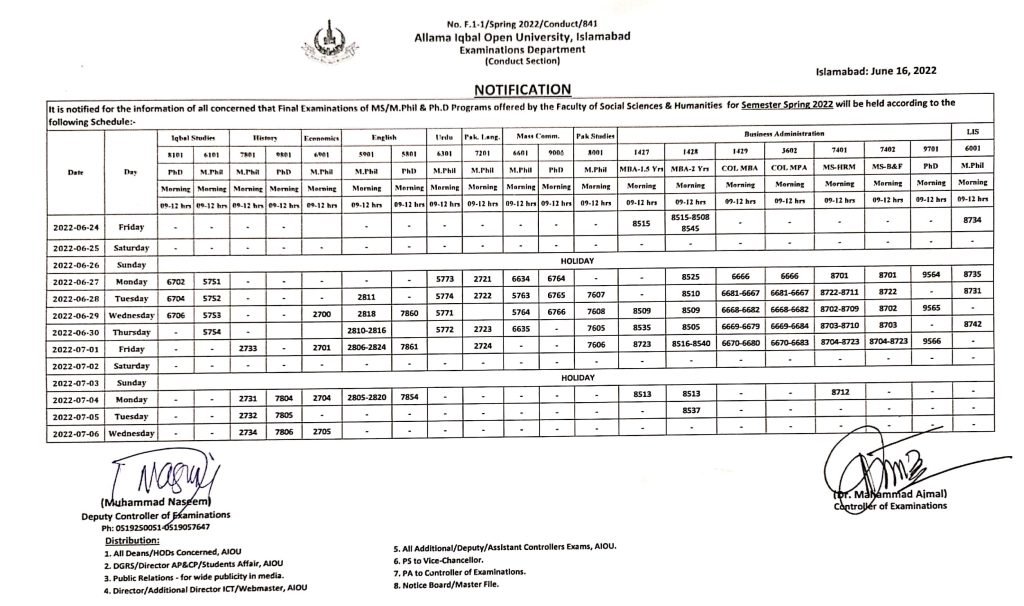 AIOU Social Sciences and Humanities Final Exam Date Sheet 2022