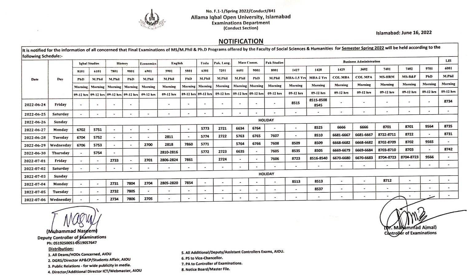AIOU Social Sciences and Humanities Final Exam Date Sheet 2022
