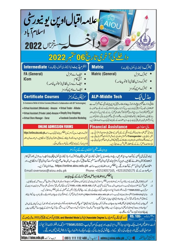 AIOU Matric/Intermediate/Middle Tech Courses Autumn 2022 Admissions 