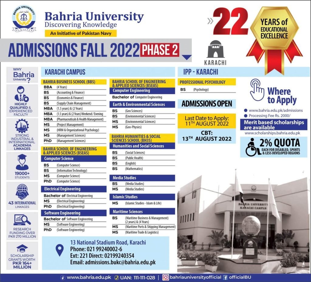 Bahria University Karachi campus BS/MS/Ph.D. Fall 2022 Admissions