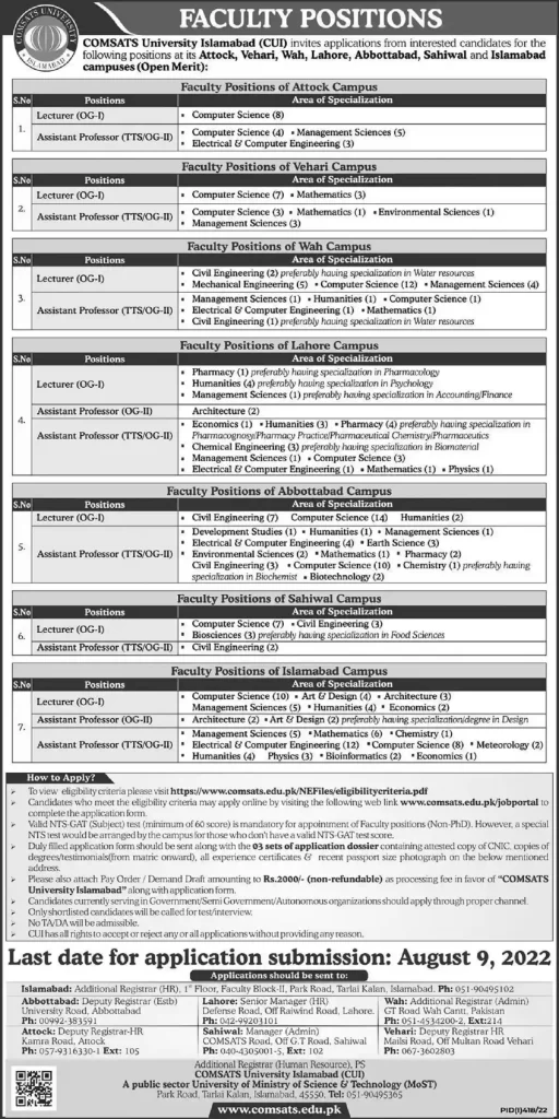 COMSAT University Islamabad Latest Faculty Jobs 2022 COMSAT University Islamabad Latest Faculty Jobs 2022
