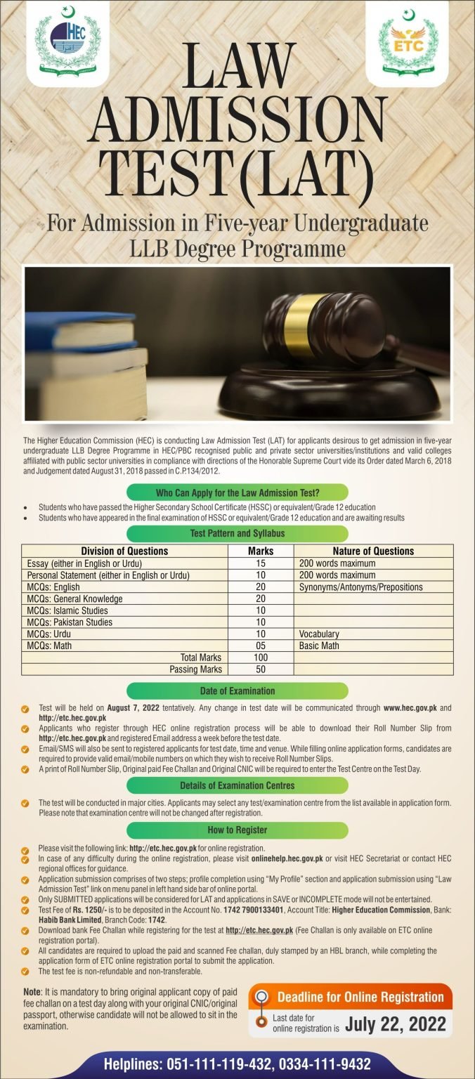 HEC LAT (Five Years) Undergraduate LLB Degree Programs 2022