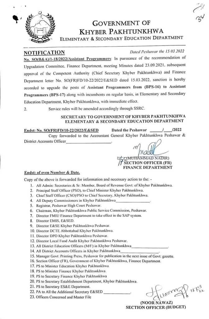 KPK ESED Notification Regarding Upgradation of Assistant Programmer BPS-16 to BPS-17 KPK ESED Notification Regarding Upgradation of Assistant Programmer BPS-16 to BPS-17