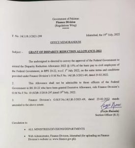 Notification on Grant of DRA @15% of Basic pay for BPS 20-22