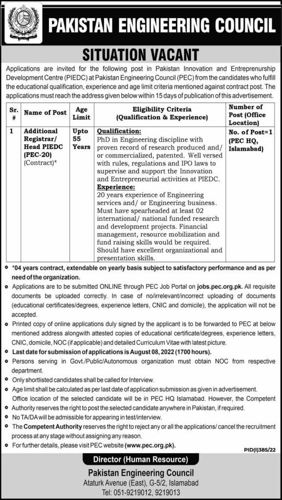 Pakistan Engineering Council (PEC) Latest Jobs 2022 Pakistan Engineering Council (PEC) Latest Jobs 2022