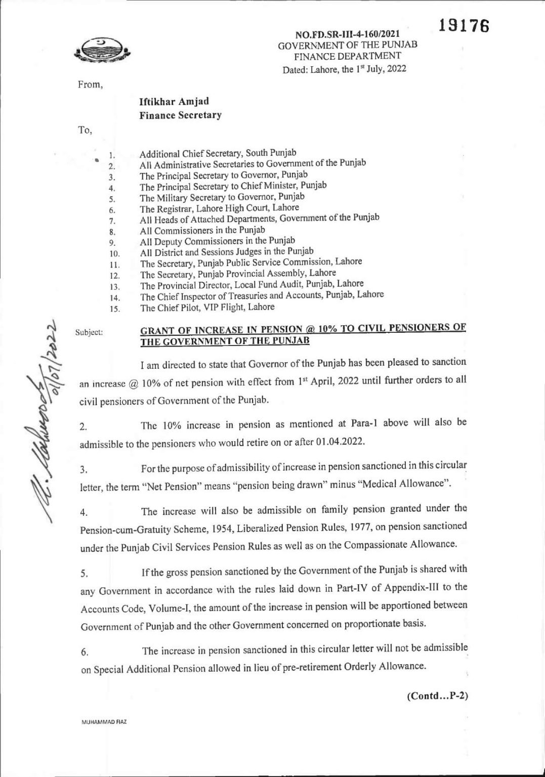 Punjab Government Official Notification of 10% Increased Pensions