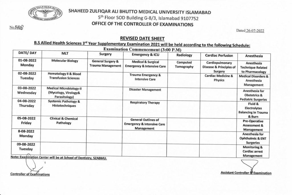 SZABMU Revised BS (AHS) 3rd Year Supplementary Examination Date sheet 2022 SZABMU Revised BS (AHS) 3rd Year Supplementary Examination Date sheet 2022