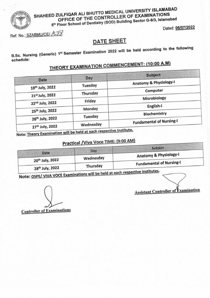 SZABMU BS Nursing (Generic) 1st and 4th Annual Exam Date sheet 2022