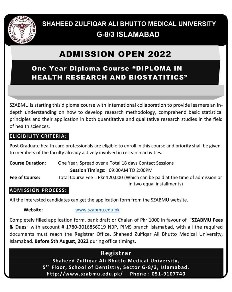 SZABMU offers a Diploma in Health Research and Biostatics