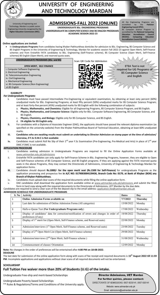 UET Mardan Undergraduate Engineering & Non-Engineering Fall 2022 Admissions UET Mardan Undergraduate Engineering & Non-Engineering Fall 2022 Admissions