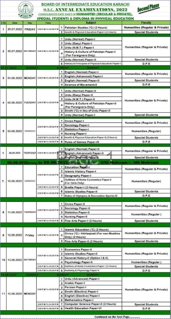 BIEK Karachi Board Announced Intermediate Humanitites / Arts Group Date sheet 2022