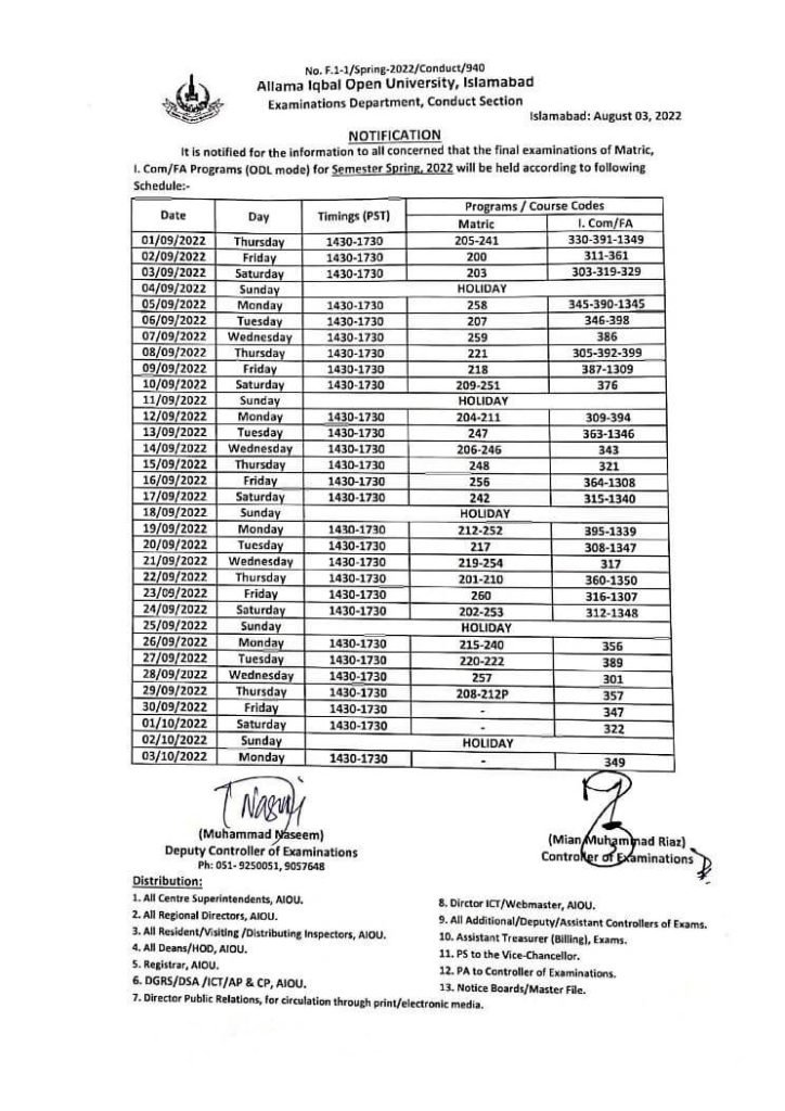 AIOU Announces Matric/FA/ICOM Exams Spring Semester Datesheet 2022 AIOU Announces Matric/FA/ICOM Exams Spring Semester Datesheet 2022