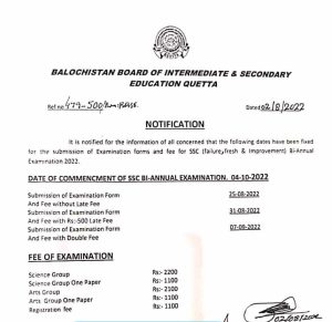 Balochistan Board SSC 2nd (Bi) Annual Exams 2022 Online Registration Schedule