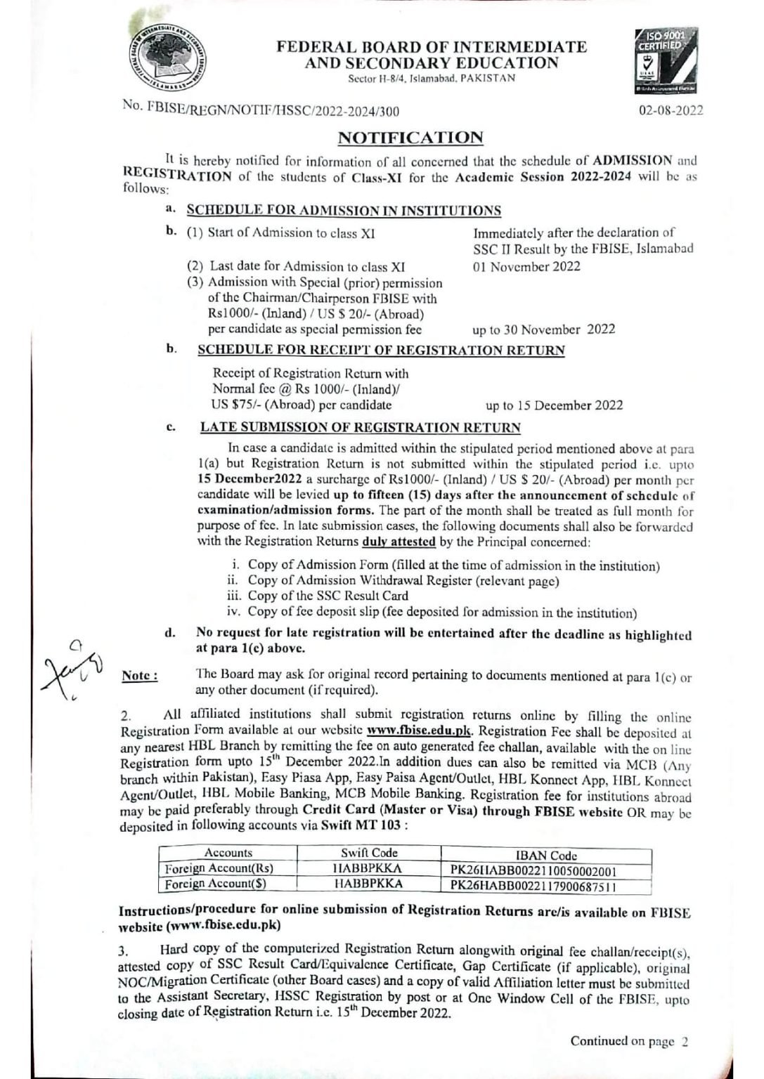 FBISE HSSC 11th Class Admission & Registration Schedule 2022-24