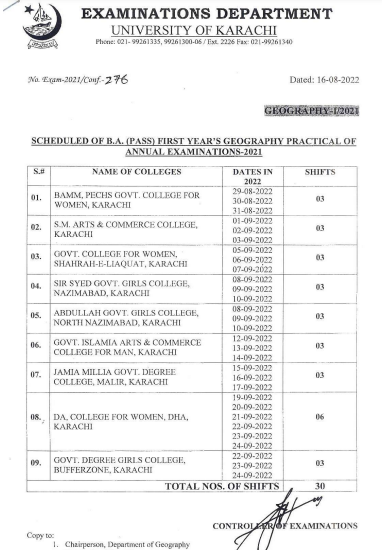 Karachi University BA (Geography) Practical Examination Schedule 2022 Karachi University BA (Geography) Practical Examination Schedule 2022