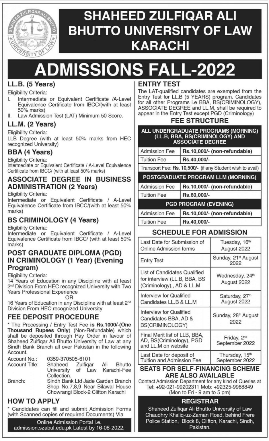 Shaheed Zulfiqar Ali Bhutto University of Law Fall 2022 Admissions