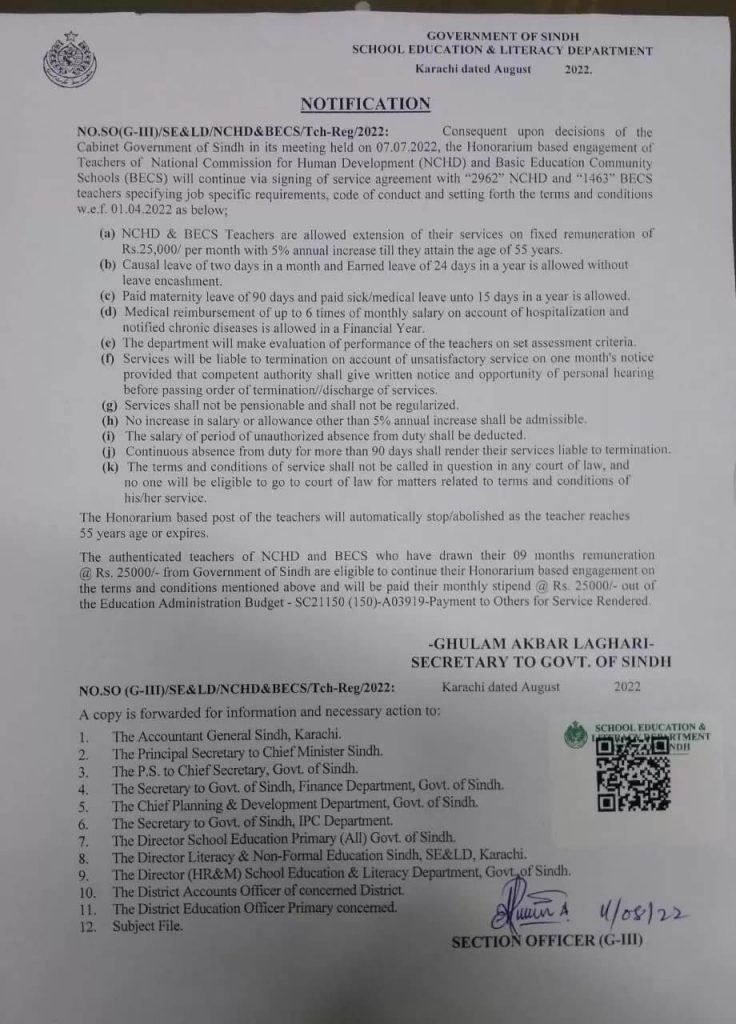 Sindh Notification About Extended Honorarium for NCHD & BECS Teachers