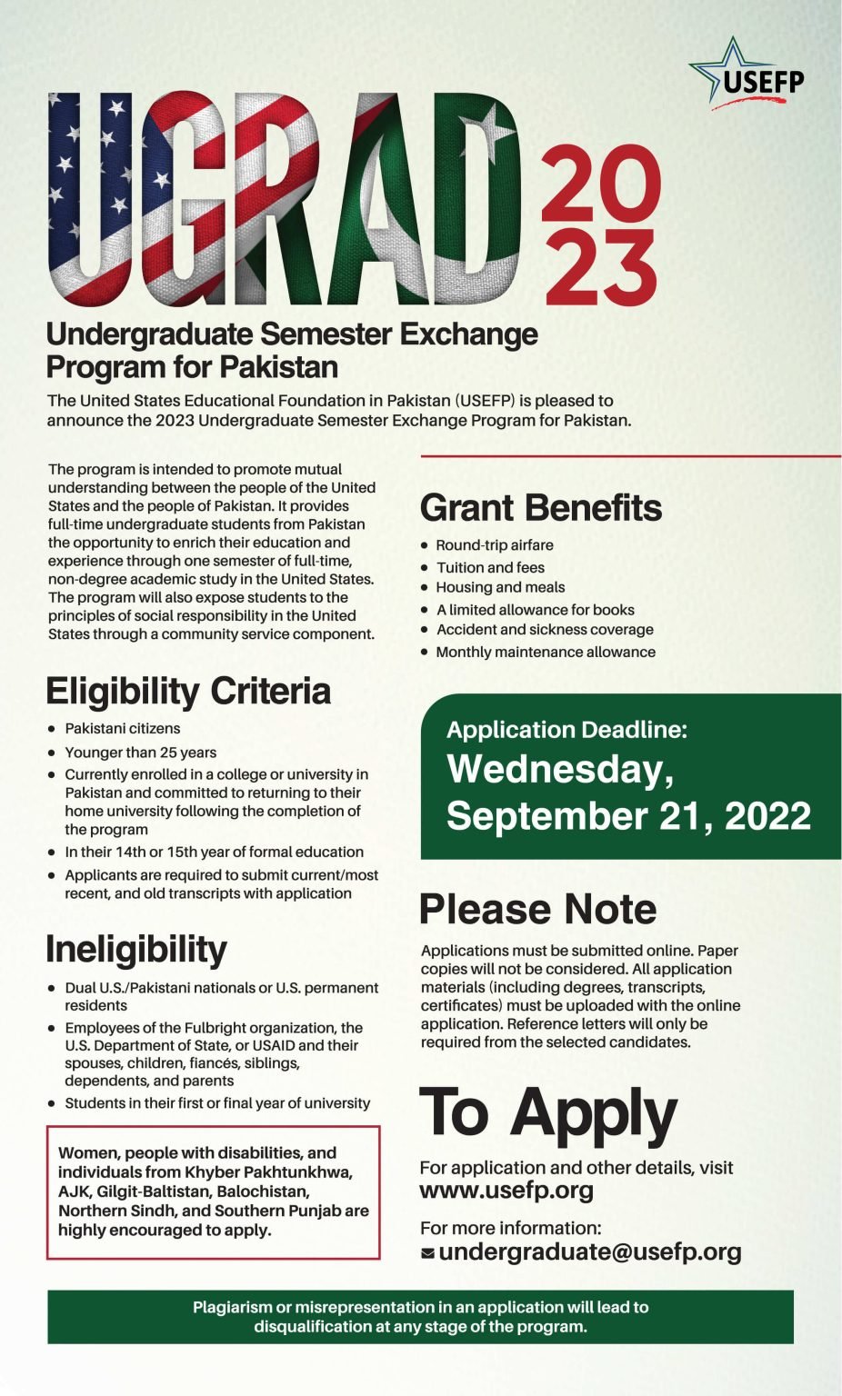 USEFP Undergraduate Semester Exchange Program (UGRAD) 2023