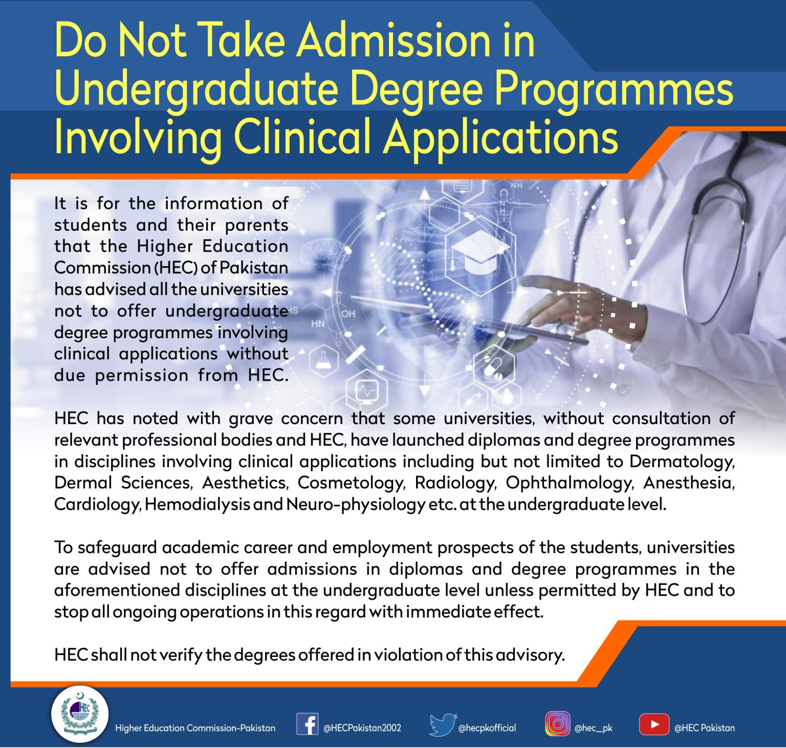 HEC Warned Students Not to Offer Clinical Degree Programs without Permission