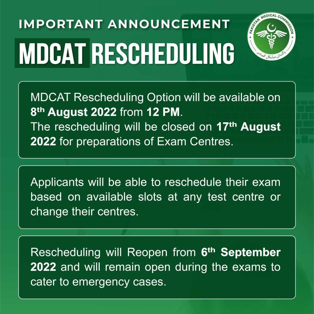 PMC Issued Notification Regarding MDCAT Rescheduling 2022 PMC Issued Notification Regarding MDCAT Rescheduling 2022
