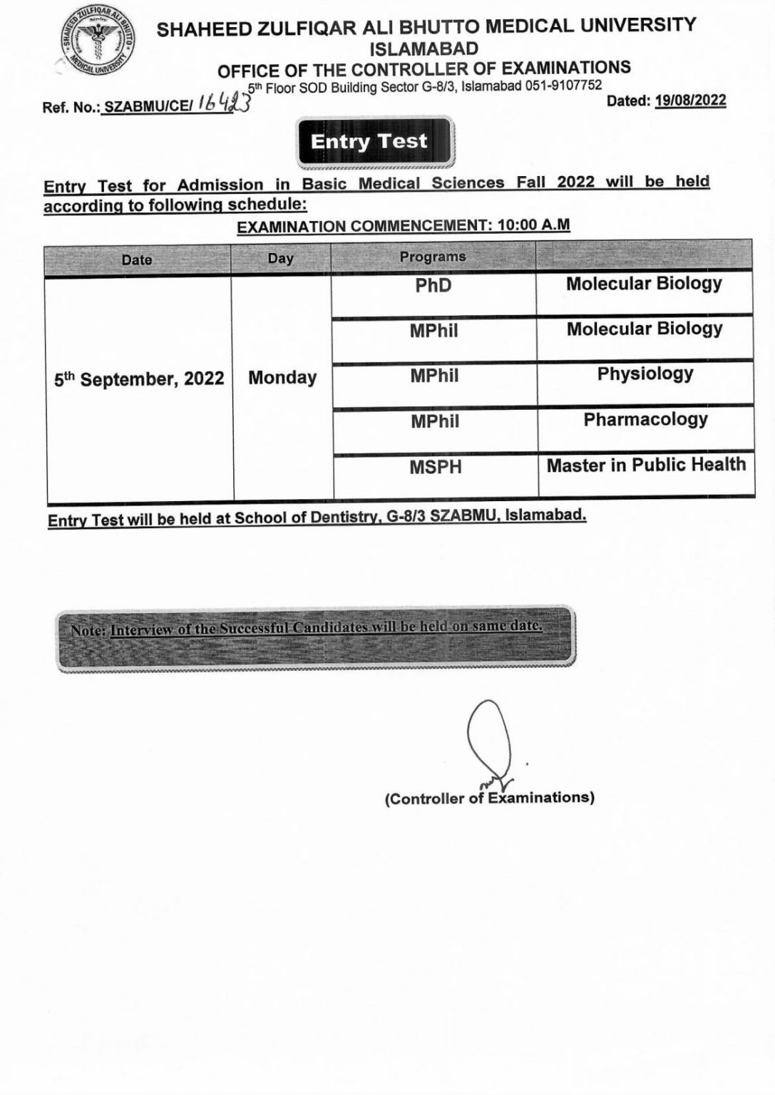 SZABMU Basic Medical Sciences Entry Test Schedule 2022