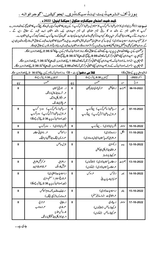 BISE Gujranwala Board SSC 2nd Annual Exam Datesheet 2022