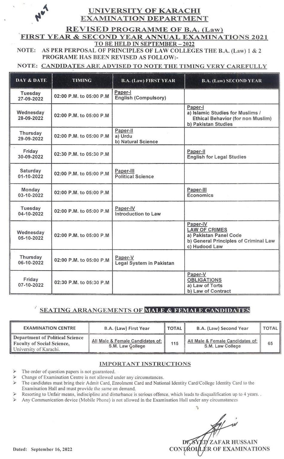 KU Issue BA (LAW) Revised Annual Examination Schedule 2022 KU Issue BA (LAW) Revised Annual Examination Schedule 2022