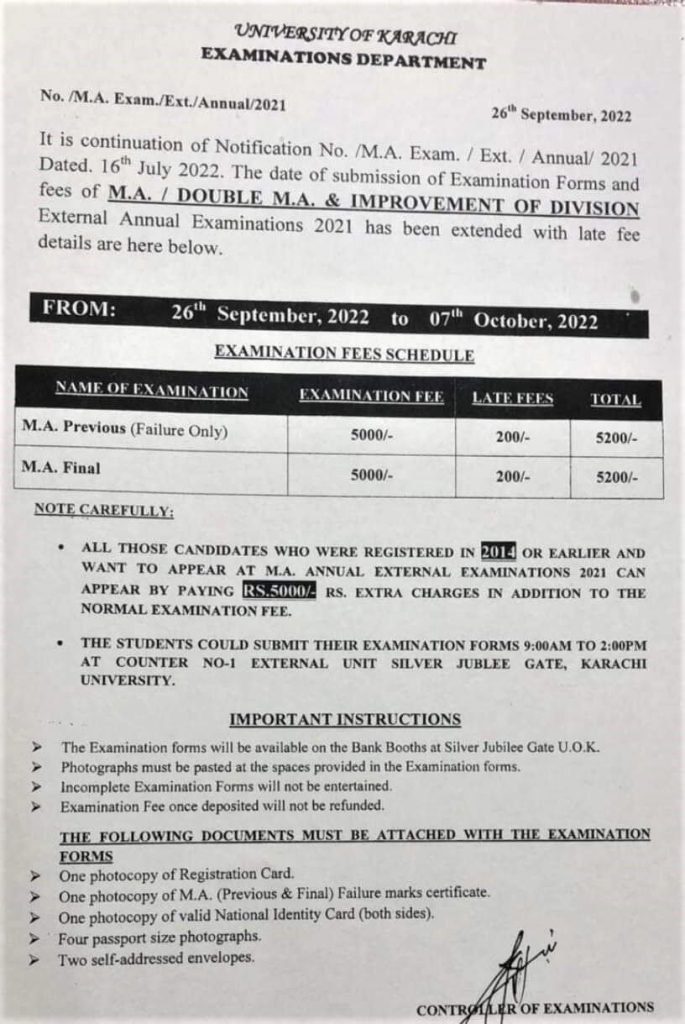 Karachi University KU MA Annual Exam 2022 Registration Date Extended