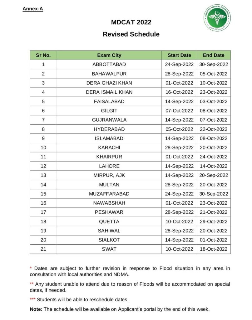 MDCAT Revised Schedule 2022