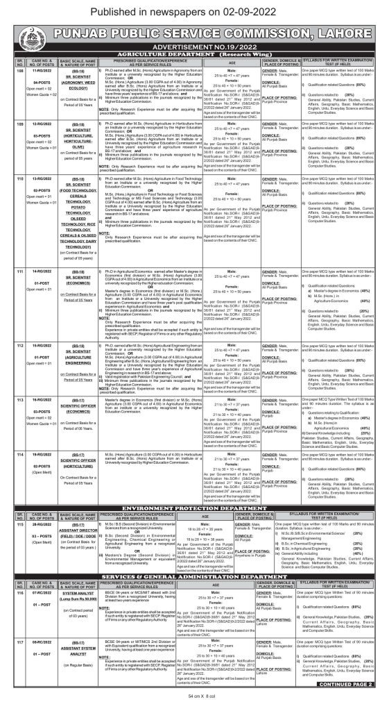 PPSC Jobs Through Advertisement # 192022 for Agriculture and Other Departments