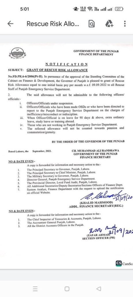 Punjab Govt Announced Rescue Risk Allowance 2022